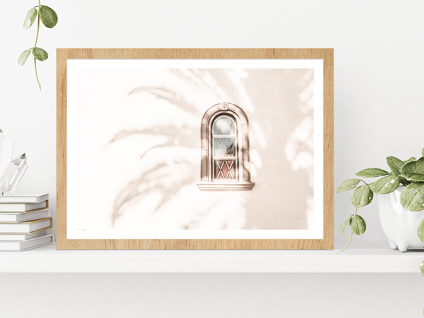 Window & Tree Shadow Faded Photograph Glass Framed Wall Art, Ready to Hang Quality Print With White Border Oak
