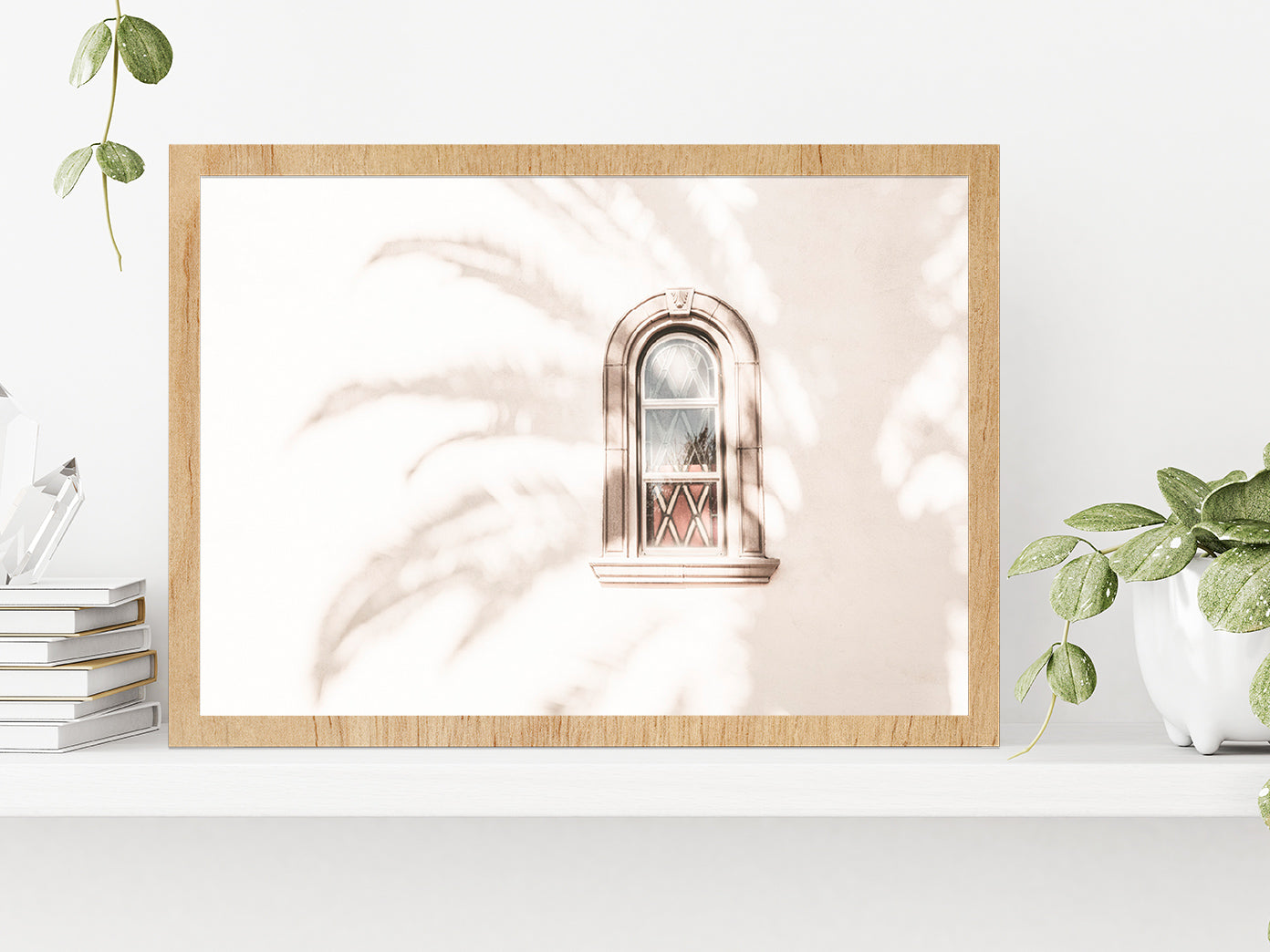 Window & Tree Shadow Faded Photograph Glass Framed Wall Art, Ready to Hang Quality Print Without White Border Oak