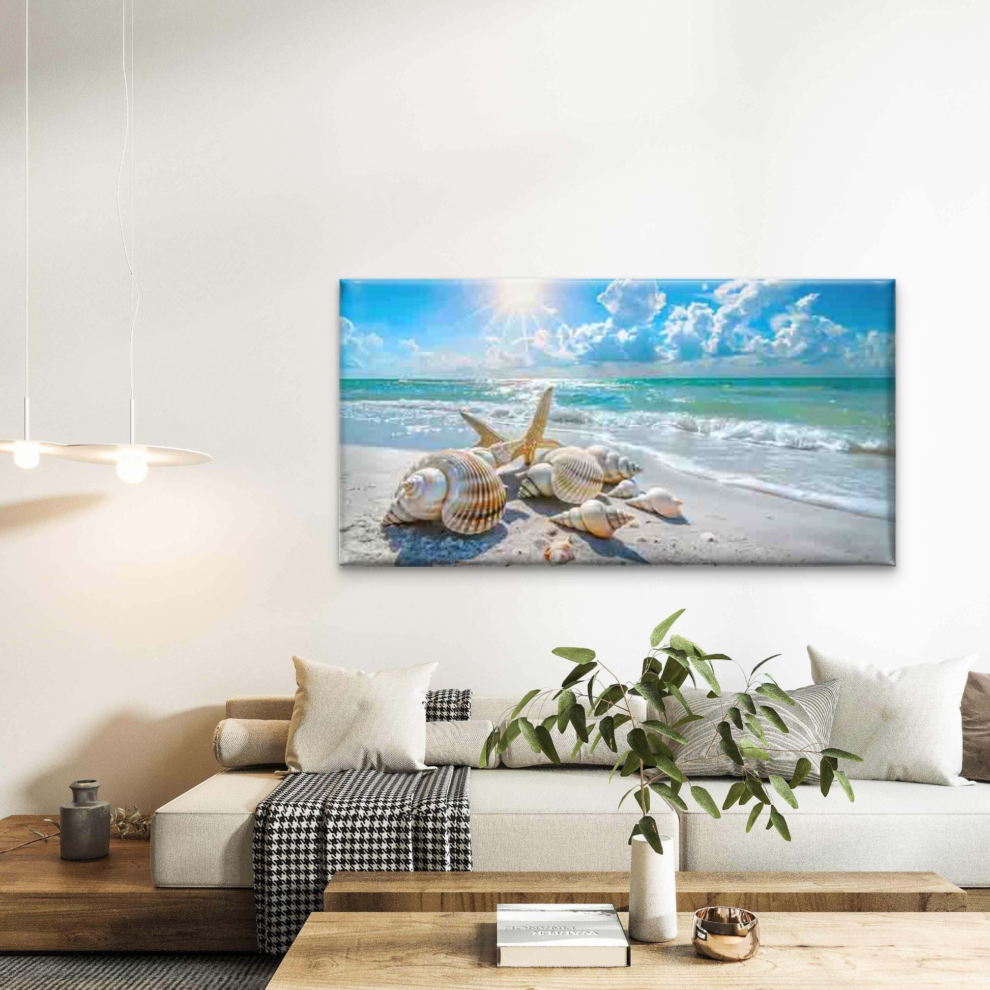 Seashells on Beach with Ocean Wall Art Canvas Office Home Room Framed 120x60cm - Bella Home Decor