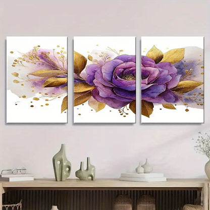 3pcs Watercolor Purple Rose With Golden Leaves Metal Print Ready to Hang Art