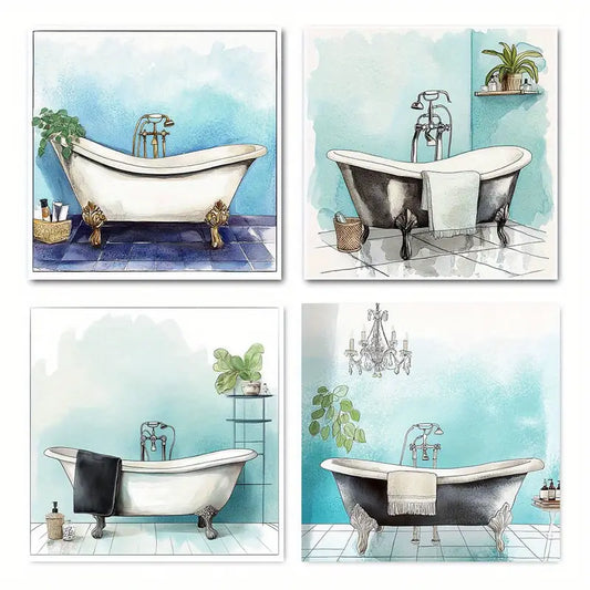 4pcs Plant House Bath Art Prints  Wall Art Canvas Framed - Bella Home Decor