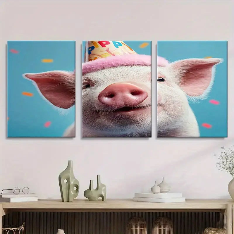 3pcs Adorable Happy Piglet With Birthday Hat Metal Print Ready to Hang Art - Bella Home Decor