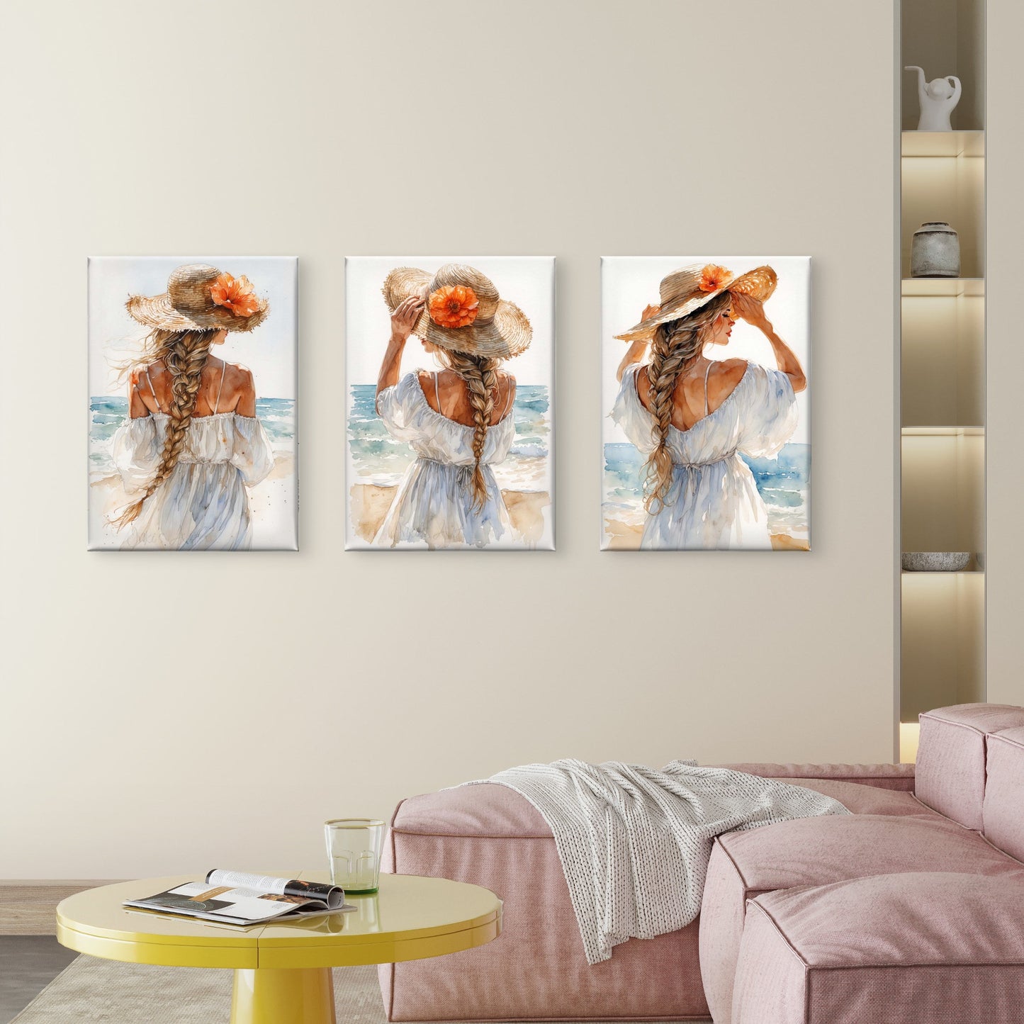 3pcs Watercolor Beach Girl Straw Hat Flower   Wall Art Set Canvas Framed 40x60cm - High Quality Print 100% Australian Made Wall Canvas Ready to Hang