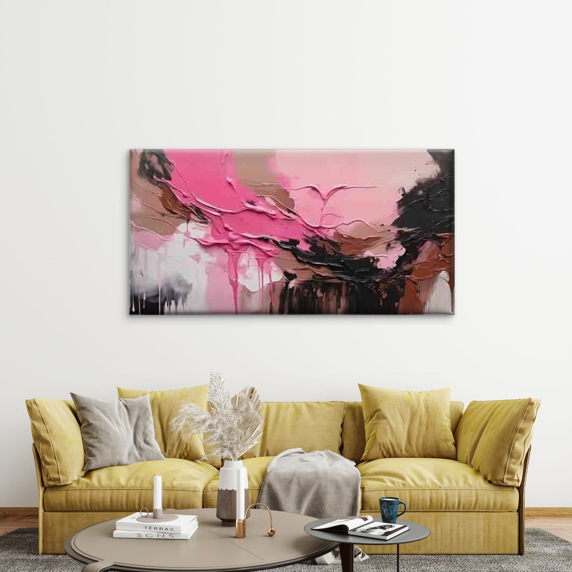 Modern Abstract Pink & Black Wall Art Canvas Office Home Room Framed 120x60cm - Bella Home Decor