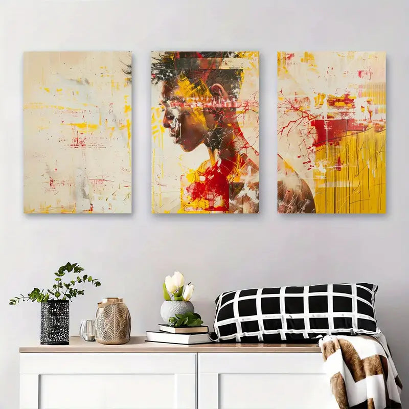 3pcs Yellow, Red Brush Strokes Metal Print Ready to Hang Art