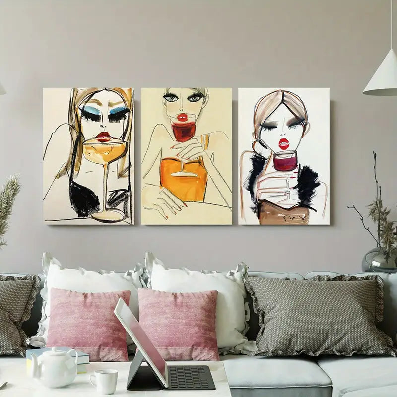 3pcs Women's Drink Art Canvas Metal Print Ready to Hang Art