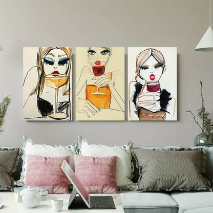 3pcs Women's Drink Art Canvas Metal Print Ready to Hang Art