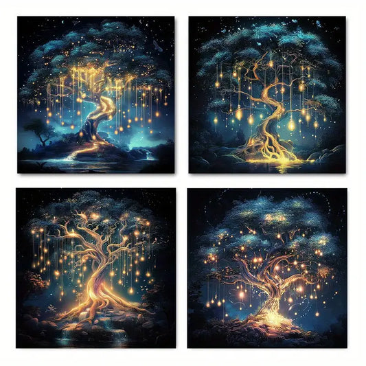 4pcs Mystical Glowing Branches & Falling Leaves Wall Art Canvas Framed