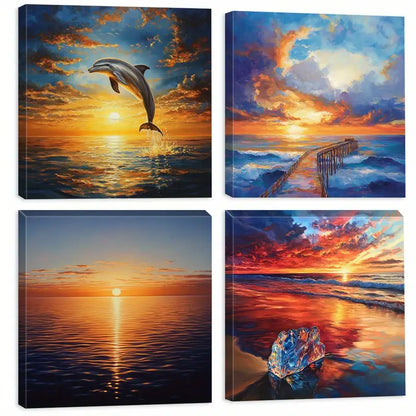 4pcs Sunset Decorative Artwork, Dolphin  Wall Art Canvas Framed