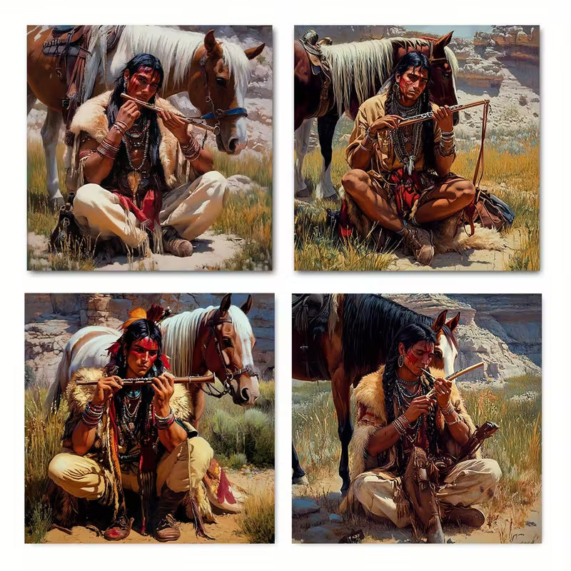 4pcs Featuring Traditional Attire & Horse Wall Art Canvas Framed