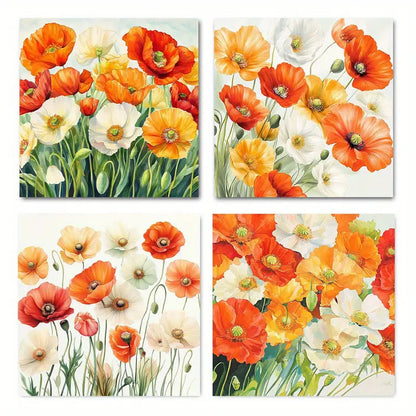 4pcs Abstract Orange Poppy Flower  PF    Wall Art Canvas Framed