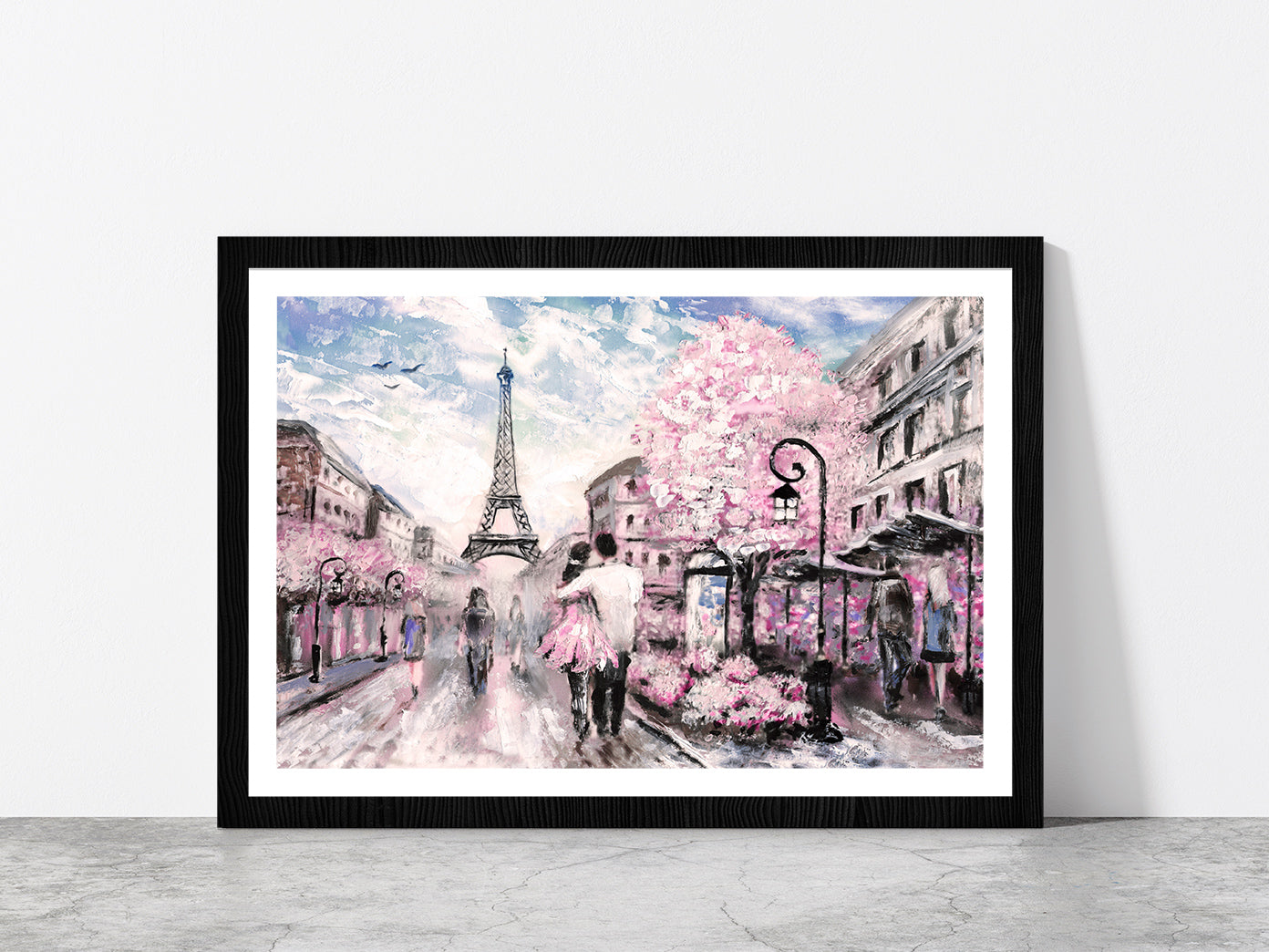 Street View Of Paris With Eiffel Tower Glass Framed Wall Art, Ready to Hang Quality Print With White Border Black