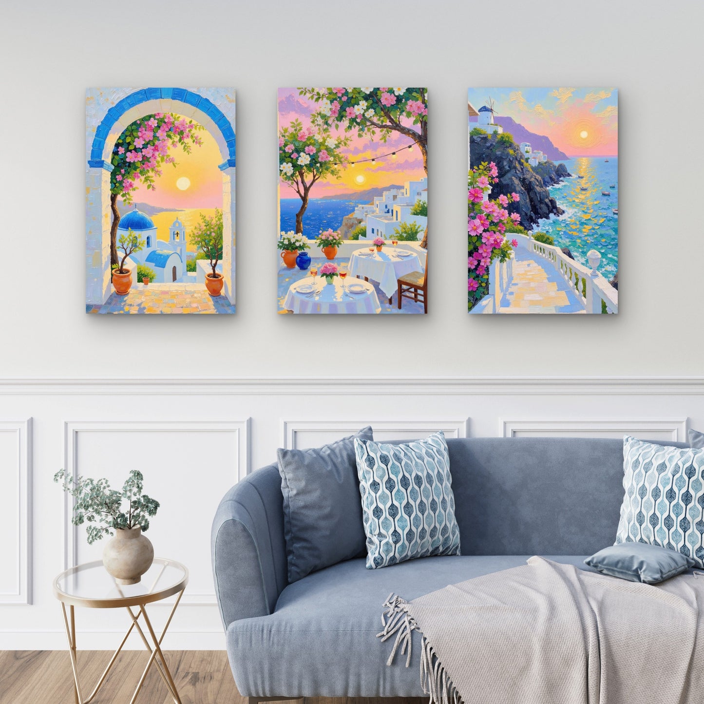 3pcs Santorini Greece Coastal Village Sunset Island Wall Art Set Canvas Framed 40x60cm - High Quality Print 100% Australian Made Wall Canvas Ready to Hang