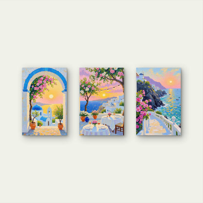 3pcs Santorini Greece Coastal Village Sunset Island Wall Art Set Canvas Framed 40x60cm - High Quality Print 100% Australian Made Wall Canvas Ready to Hang