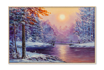 Winter Season River & Bridge Painting Limited Edition High Quality Print Canvas Box Framed Natural