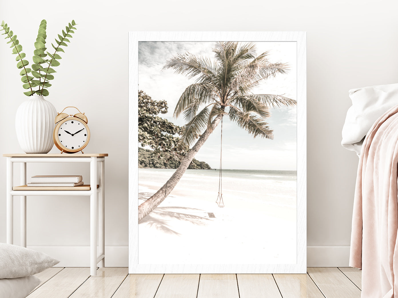 Beach Swing Palm Tree near Sand Beach View Glass Framed Wall Art, Ready to Hang Quality Print Without White Border White