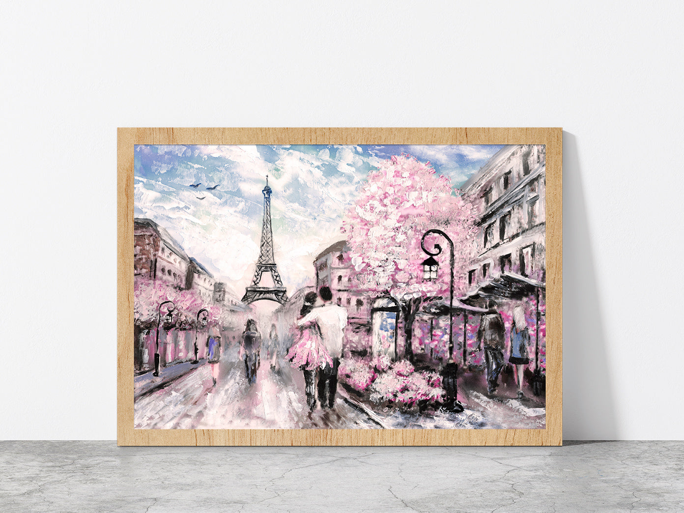 Street View Of Paris With Eiffel Tower Glass Framed Wall Art, Ready to Hang Quality Print Without White Border Oak