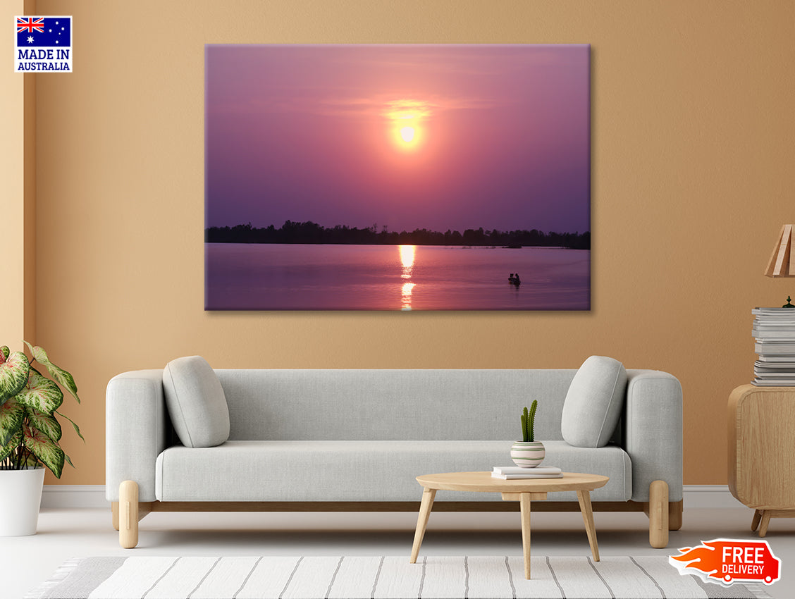 Scenery Of Along the Lake Has an Orange Sky & Sunset Print 100% Australian Made
