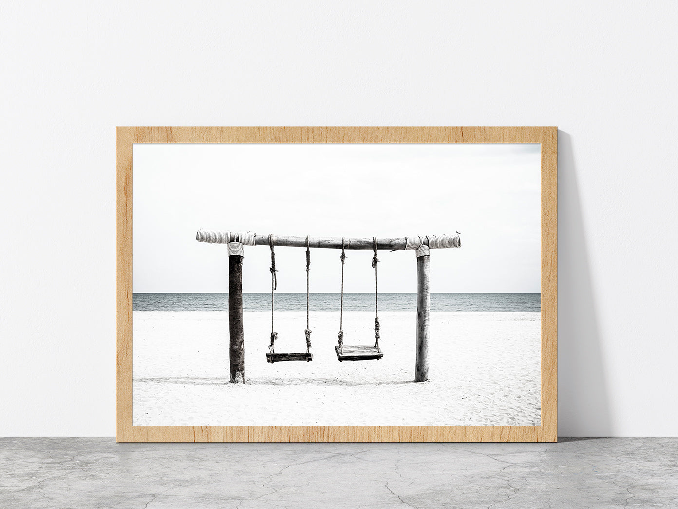 Swing near Sand Beach B&W View Photograph Glass Framed Wall Art, Ready to Hang Quality Print Without White Border Oak