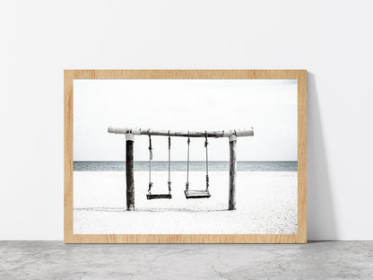 Swing near Sand Beach B&W View Photograph Glass Framed Wall Art, Ready to Hang Quality Print Without White Border Oak