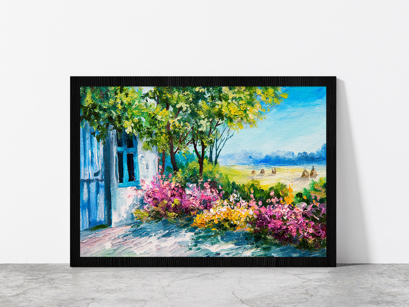 Garden Near The House & Colorful flowers Glass Framed Wall Art, Ready to Hang Quality Print Without White Border Black