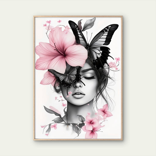 Elegant Woman with Butterfly & Pink Flowers Black and White Fashion Home Decor Premium Quality Poster Print Choose Your Sizes