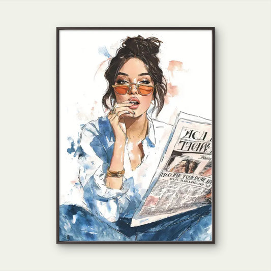 Watercolor Trendy Girl with Newspaper Headline Art Fashion Home Decor Premium Quality Poster Print Choose Your Sizes