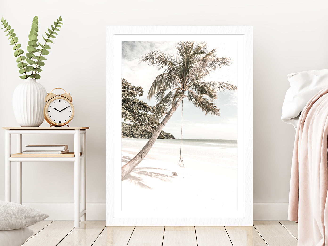 Beach Swing Palm Tree near Sand Beach View Glass Framed Wall Art, Ready to Hang Quality Print With White Border White