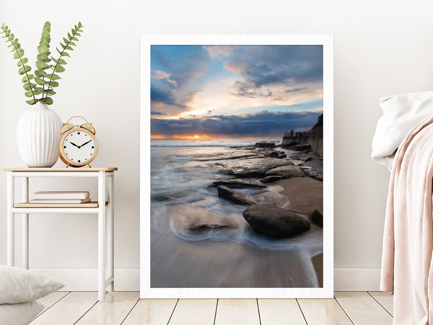 Sunrise View Of Rocky Coastline Glass Framed Wall Art, Ready to Hang Quality Print Without White Border White