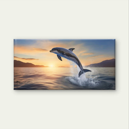 Jumping Dolphin Ocean Waves Sunset Horizon Wildlife Wall Art Canvas Office Home Framed 120x60cm