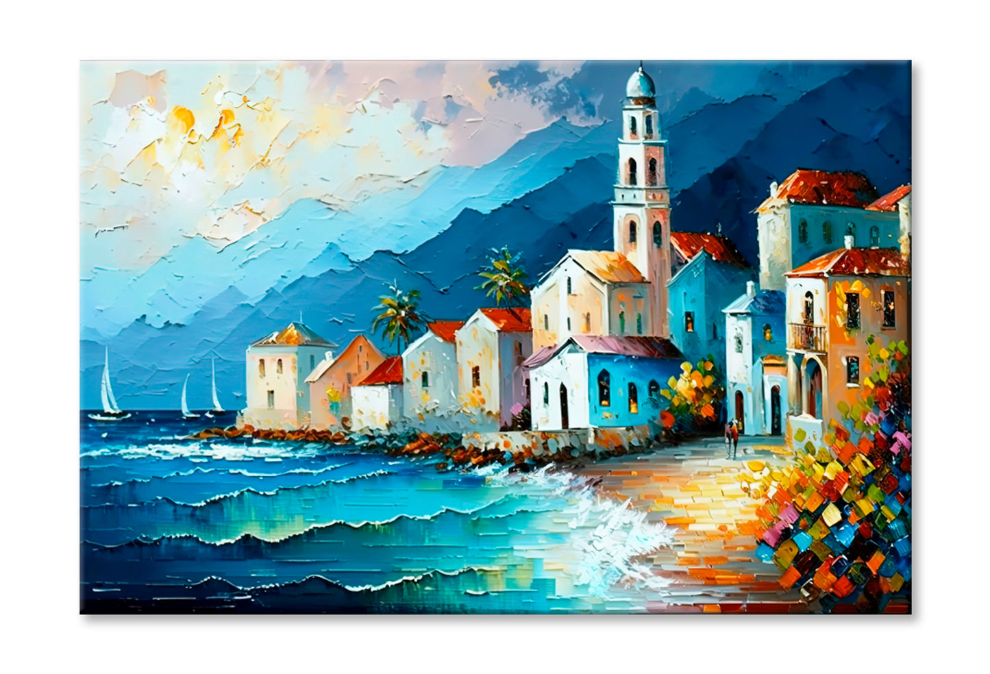 Coastal Line Village Oil Painting Wall Art Limited Edition High Quality Print Stretched Canvas None