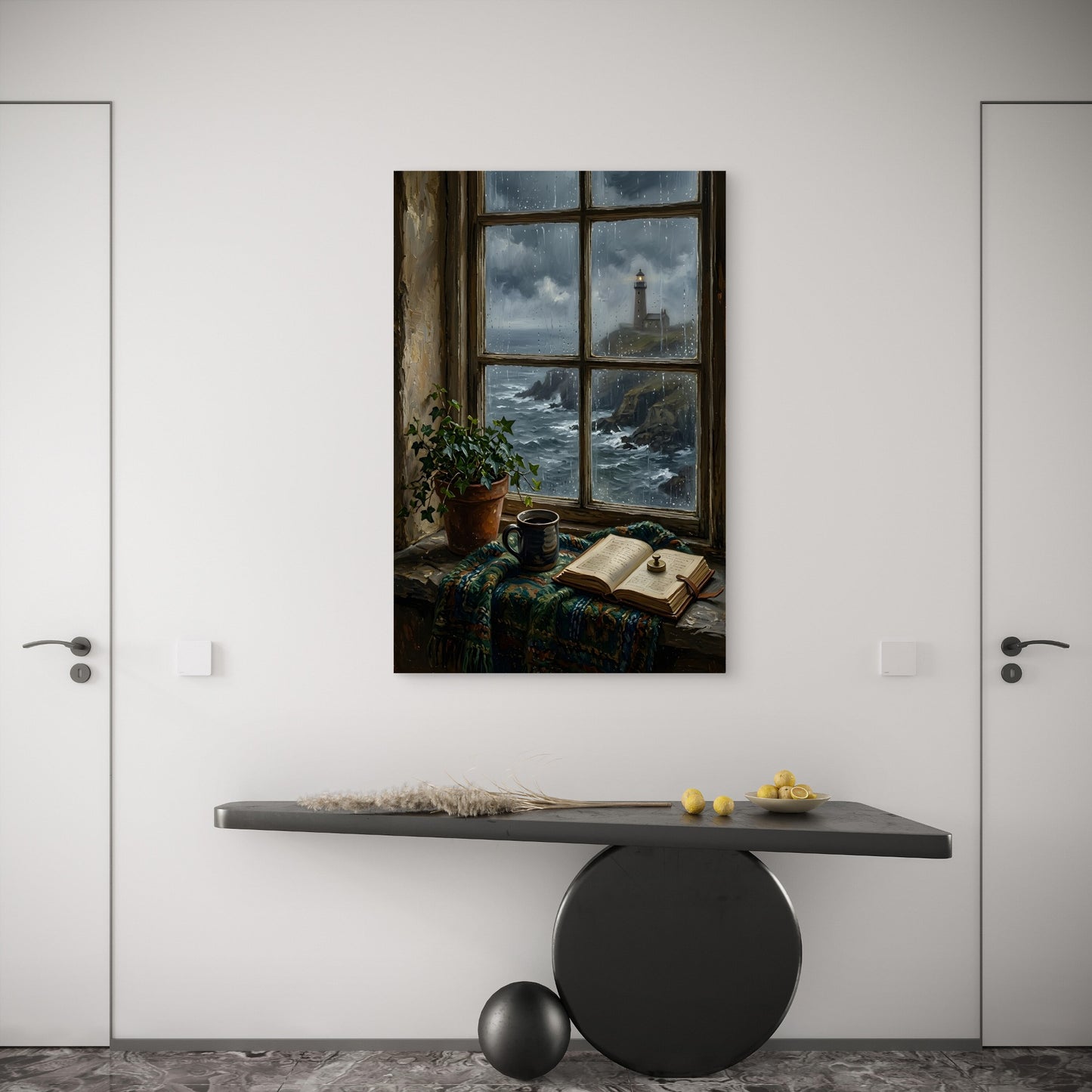 Cozy Window Lighthouse Rainy Ocean 40x60cm Metal Print Ready to Hang