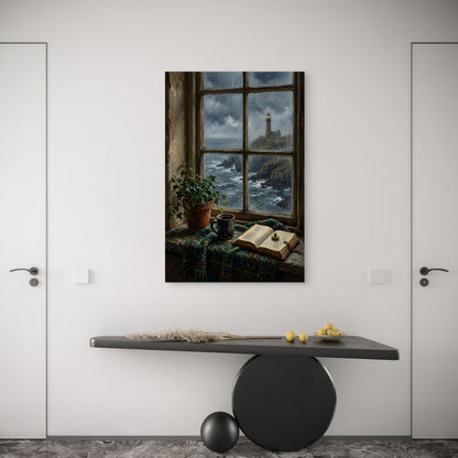 Cozy Window Lighthouse Rainy Ocean 40x60cm Metal Print Ready to Hang