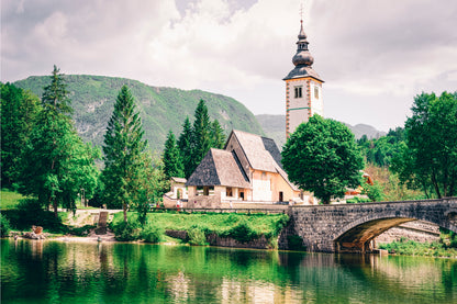 Lake Bohinj St. John Baptist Church Bridge Slovenia Wall Art Decor 100% Australian Made