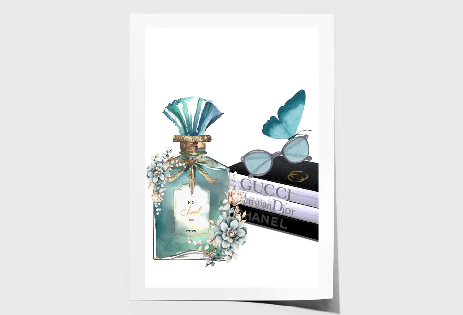 Ocean Blue Perfume with Butterfly Wall Art Limited Edition High Quality Print Unframed Roll Canvas None