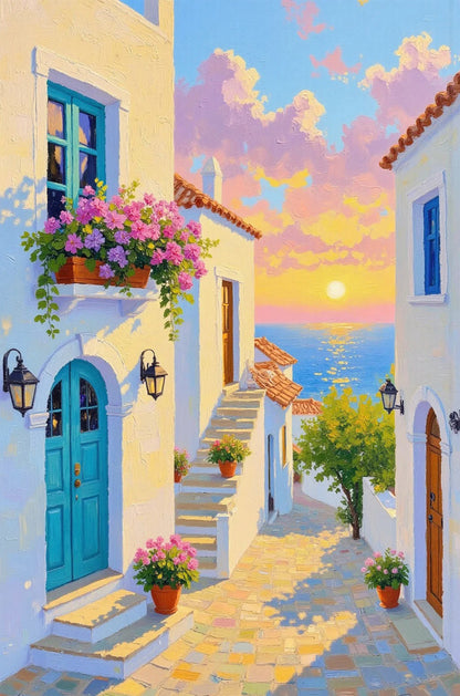 Mediterranean Alley Greece Sunrise 40x60cm Metal Print Ready to Hang