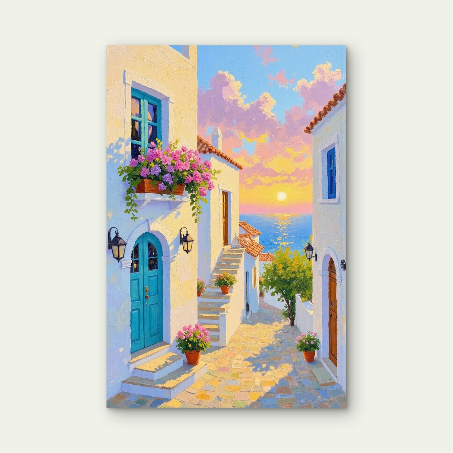 Mediterranean Alley Greece Sunrise 40x60cm Metal Print Ready to Hang