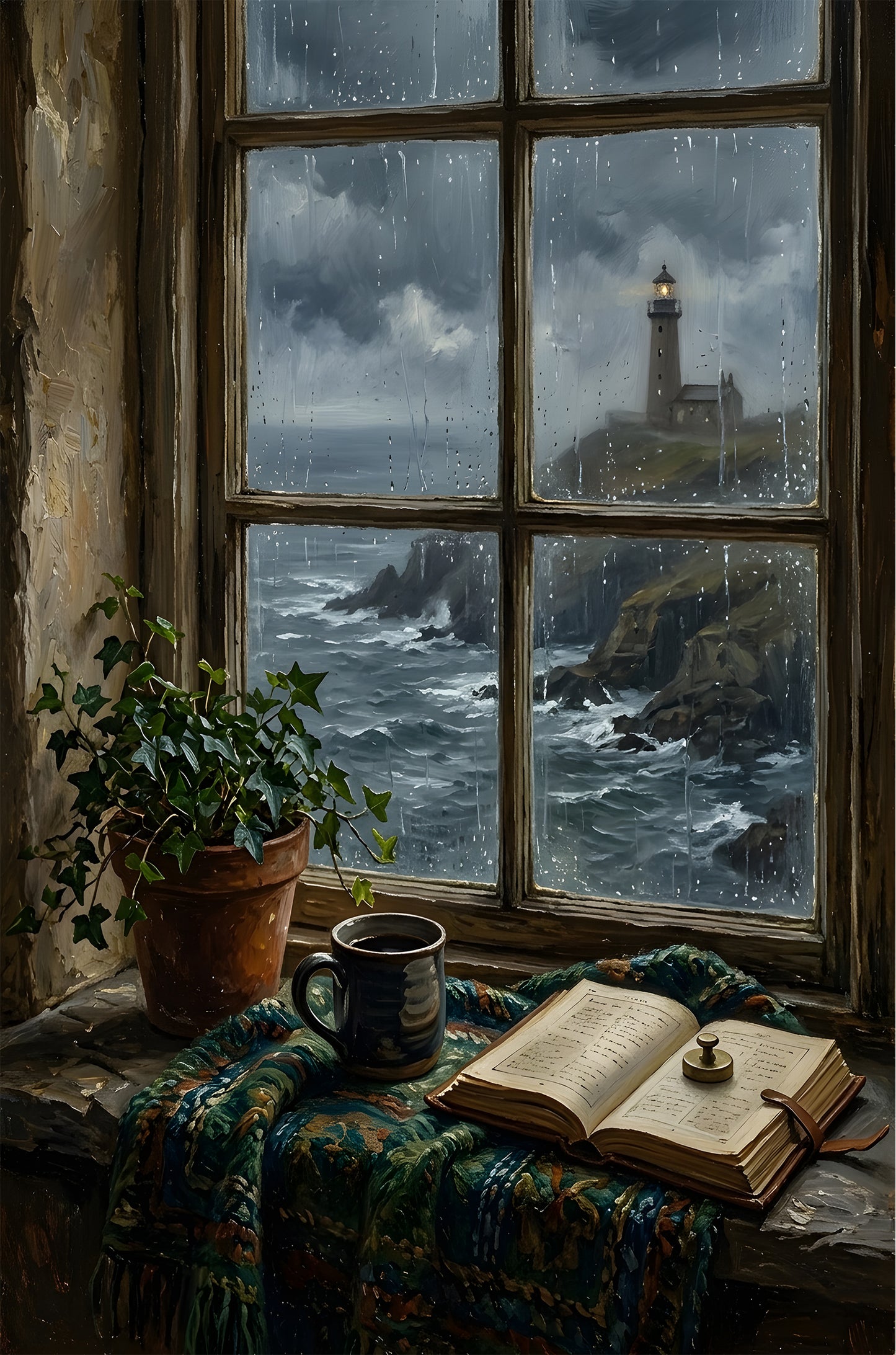 Cozy Window Lighthouse Rainy Ocean 40x60cm Metal Print Ready to Hang