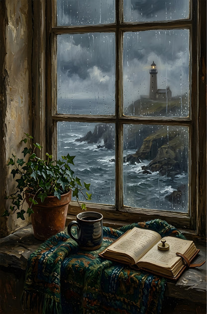 Cozy Window Lighthouse Rainy Ocean 40x60cm Metal Print Ready to Hang