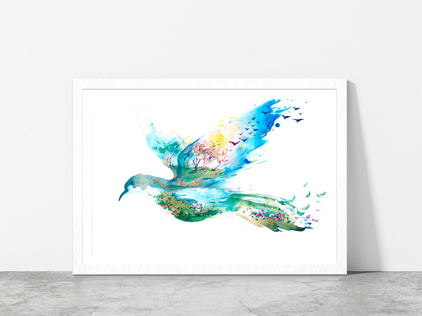 Spring In The Form Of Flying Bird Glass Framed Wall Art, Ready to Hang Quality Print With White Border White