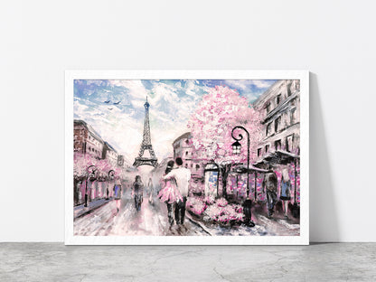 Street View Of Paris With Eiffel Tower Glass Framed Wall Art, Ready to Hang Quality Print Without White Border White