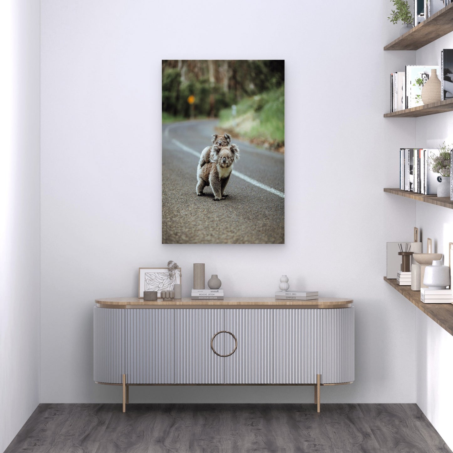 Mother Koala with Baby on Road 40x60cm Metal Print Ready to Hang