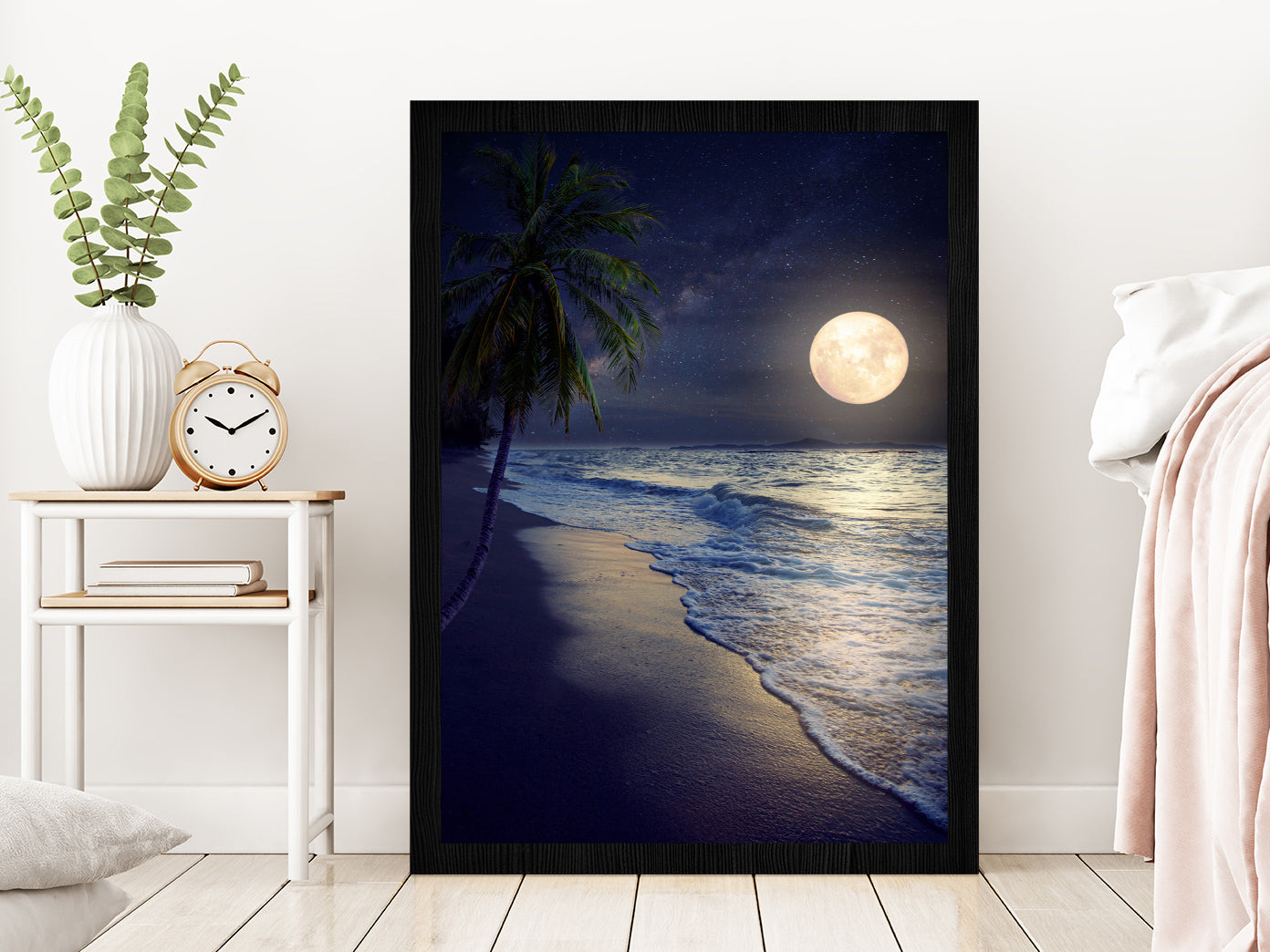 Tropical Beach with Milky Way Moon in Night Photograph Glass Framed Wall Art, Ready to Hang Quality Print Without White Border Black