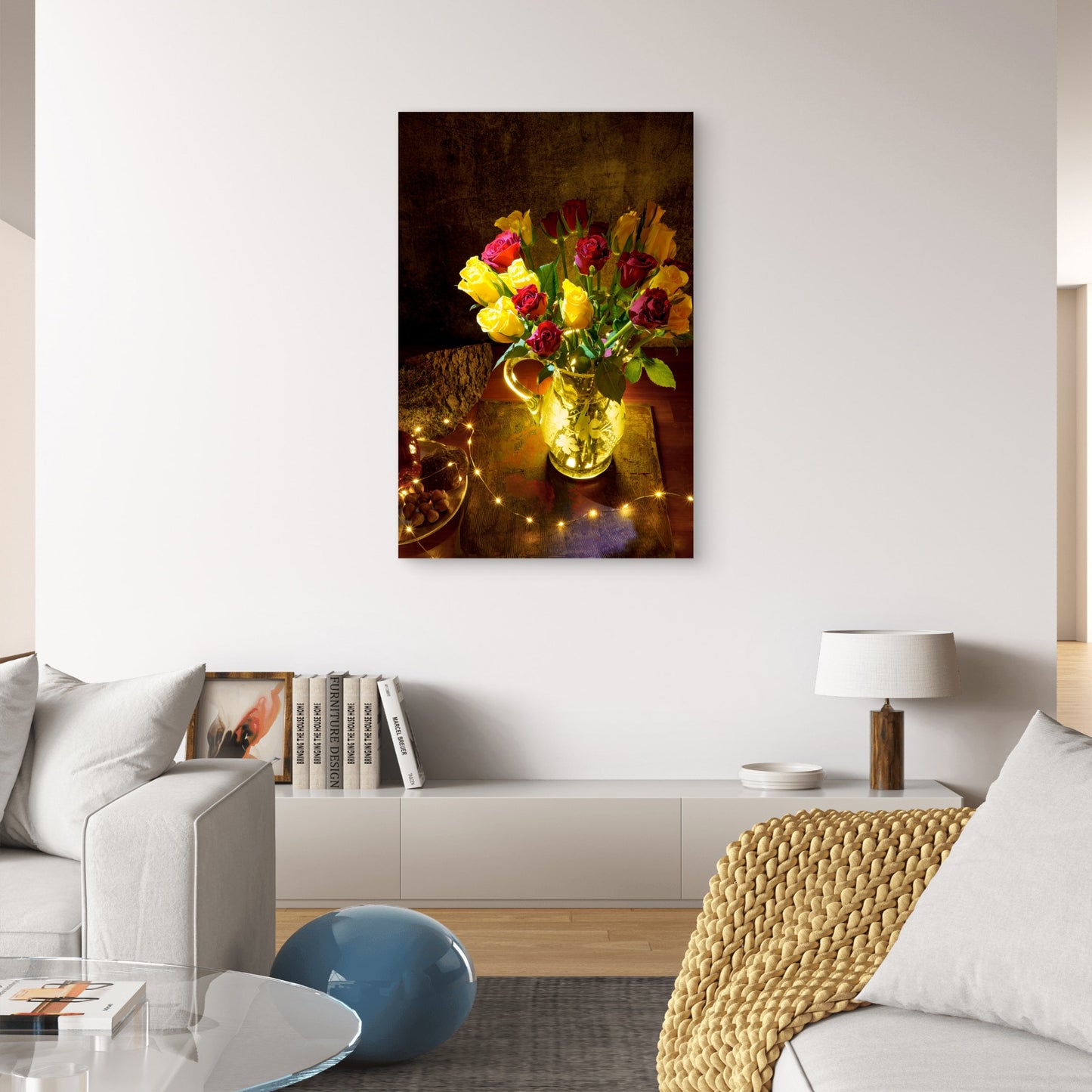 Red Yellow Roses Glass Vase 60x90cm Metal Print Ready to Hang - Bella Home Decor