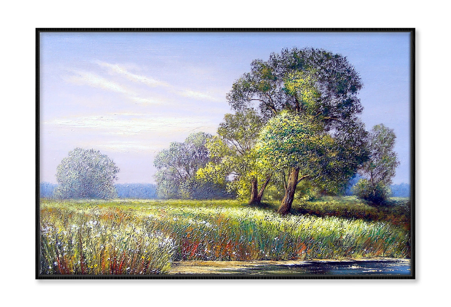 Green Grass Field & Trees Oil Painting Wall Art Limited Edition High Quality Print Canvas Box Framed Black