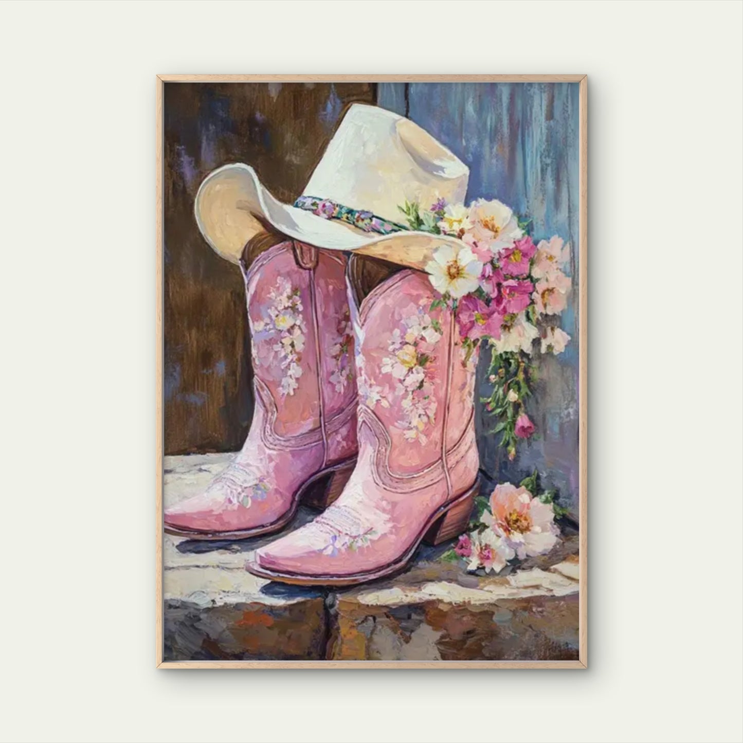 Pink Pastel Flowers Hat with Cowboy Boots Fashion Home Decor Premium Quality Poster Print Choose Your Sizes