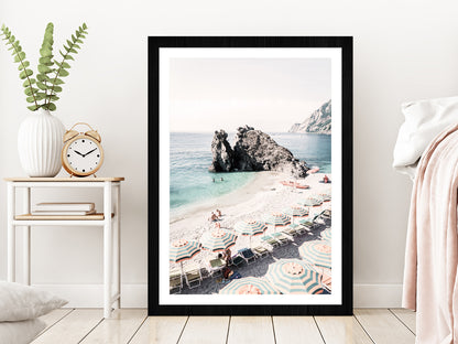 Beach Huts near Rocky Sea Faded Photograph Glass Framed Wall Art, Ready to Hang Quality Print With White Border Black