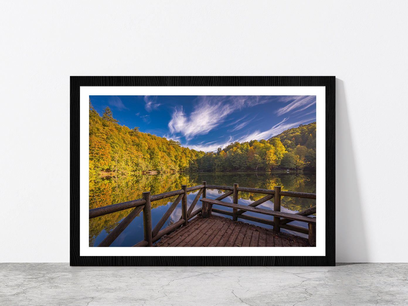 Reflection Of Clouds On The Lake Glass Framed Wall Art, Ready to Hang Quality Print With White Border Black