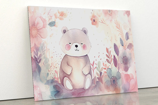 Happy Baby Bear With Flowers Watercolor Style Acrylic Glass Print Tempered Glass Wall Art 100% Made in Australia Ready to Hang