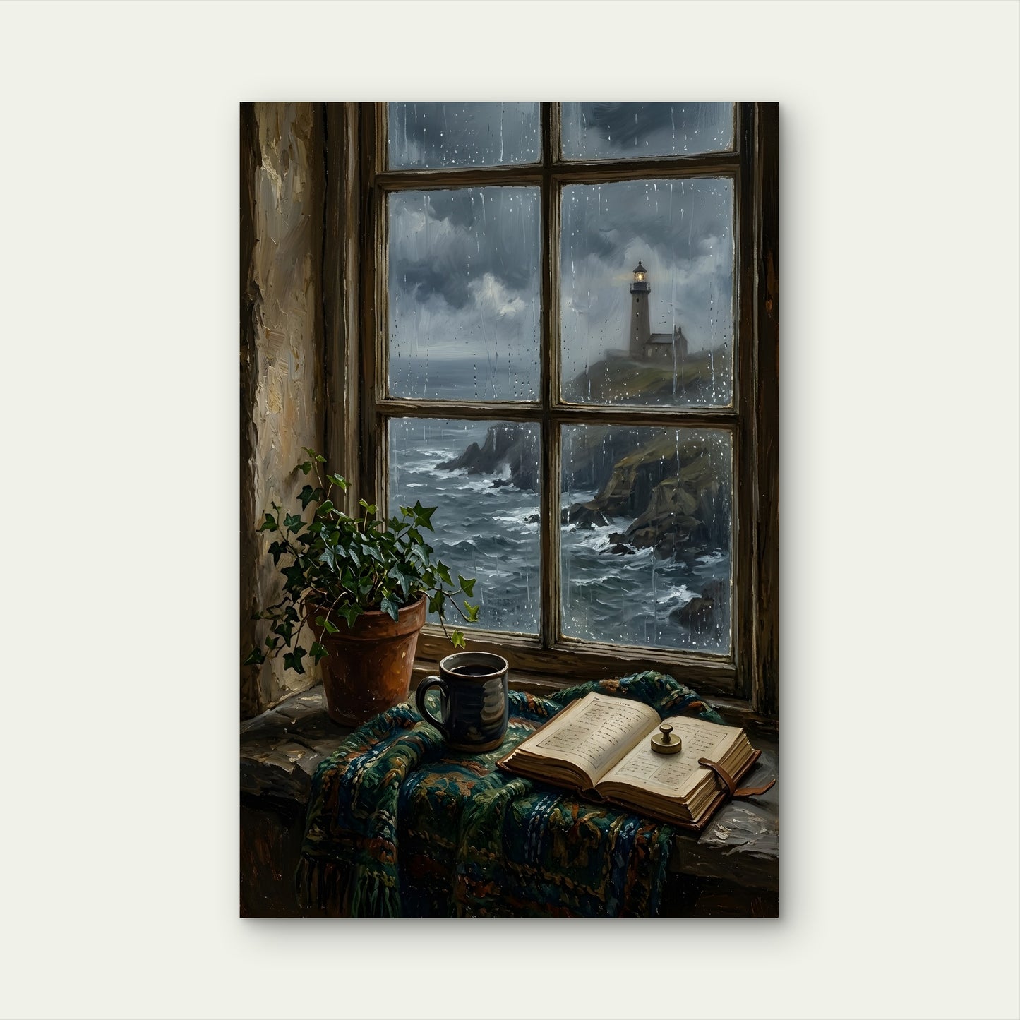 Cozy Window Lighthouse Rainy Ocean 40x60cm Metal Print Ready to Hang